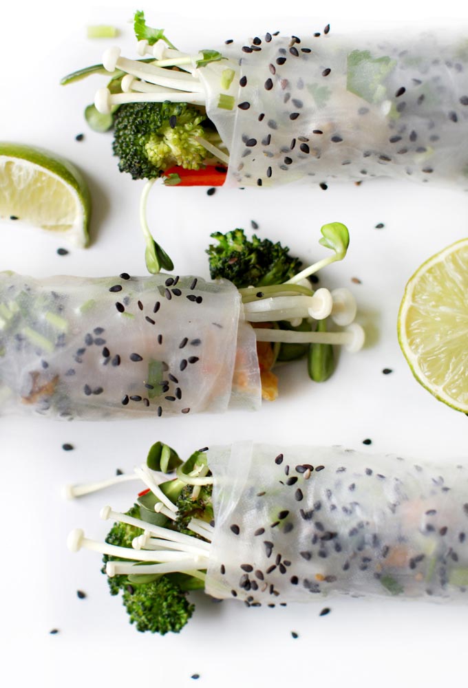 My New Roots' Enoki, Brocolli and Kimchi Spring Rolls
