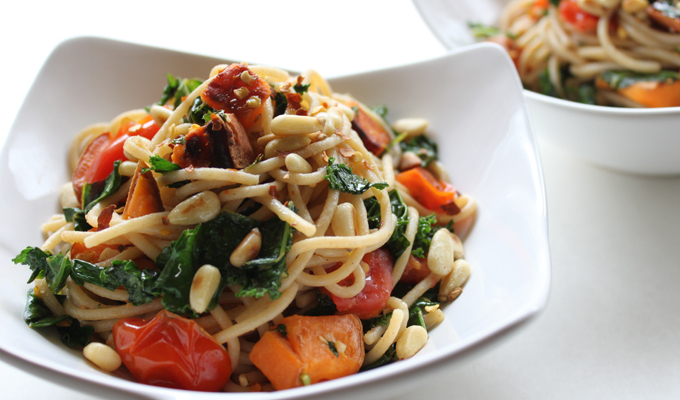 Meatless Mondays with Martha Stewart! Spaghetti with Sweet Potatoes & Garlicky Kale