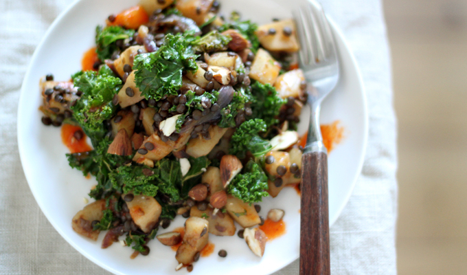 Meatless Mondays with Martha Stewart – Crusted Jerusalem Artichokes with Beluga Lentils, Kale, and Harissa